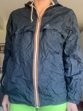 K-Way Navy Hooded Packable Windbreaker with Tricolor Zip